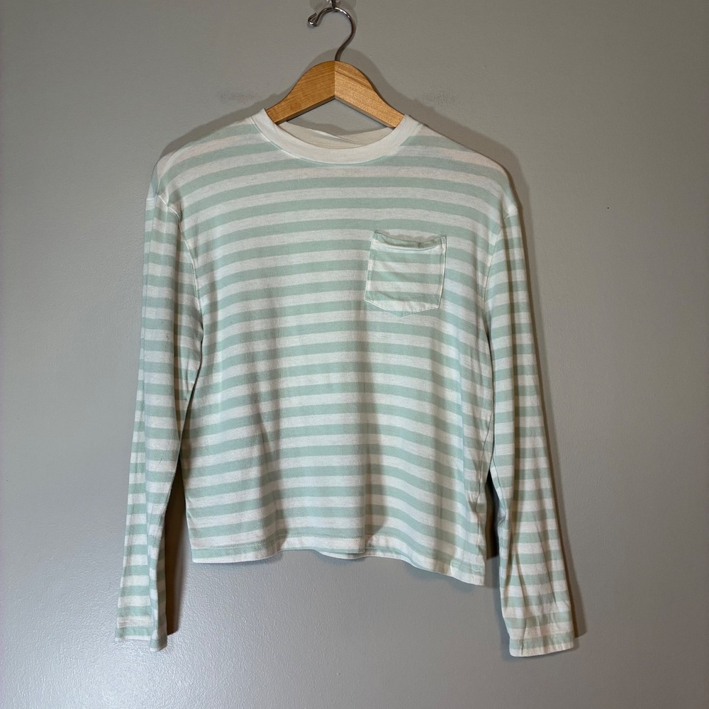 A New Day Womens Small Sage Green White Striped Long Sleeve Pocket Tee Shirt